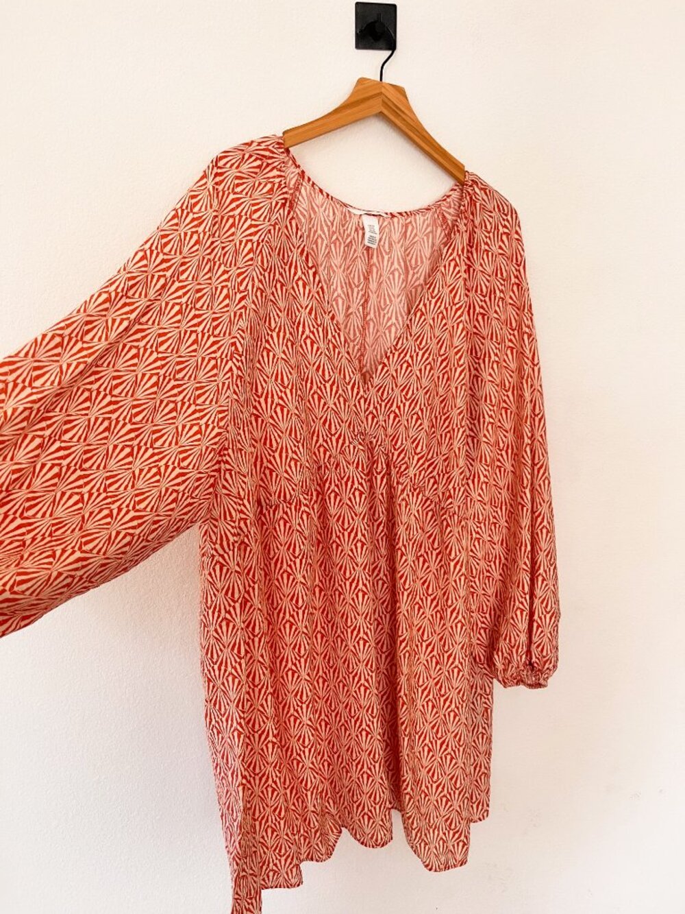 H&M Orange Print A-Line Mini Dress XXL Balloon Sleeve V-Neck Loose Fit - Picture 4 of 7
